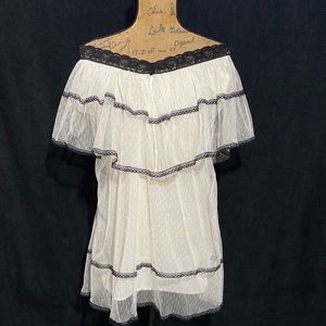 Fancyqube S Top Blouse Boho Sexy Romantic Lace Cream Mesh Overlay V Neck Flowy